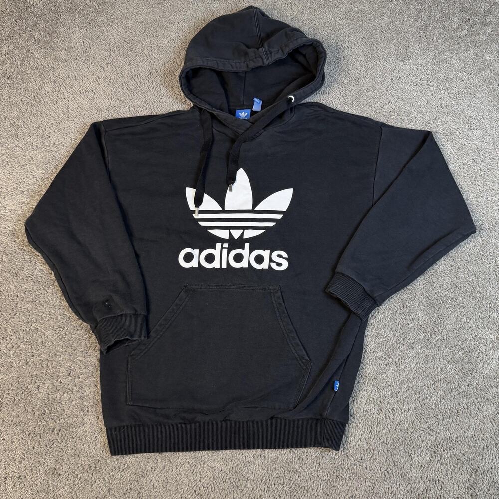 Adidas Hoodie Mens M Black Pullover Hooded Pockets Trefoil Graphic Originals